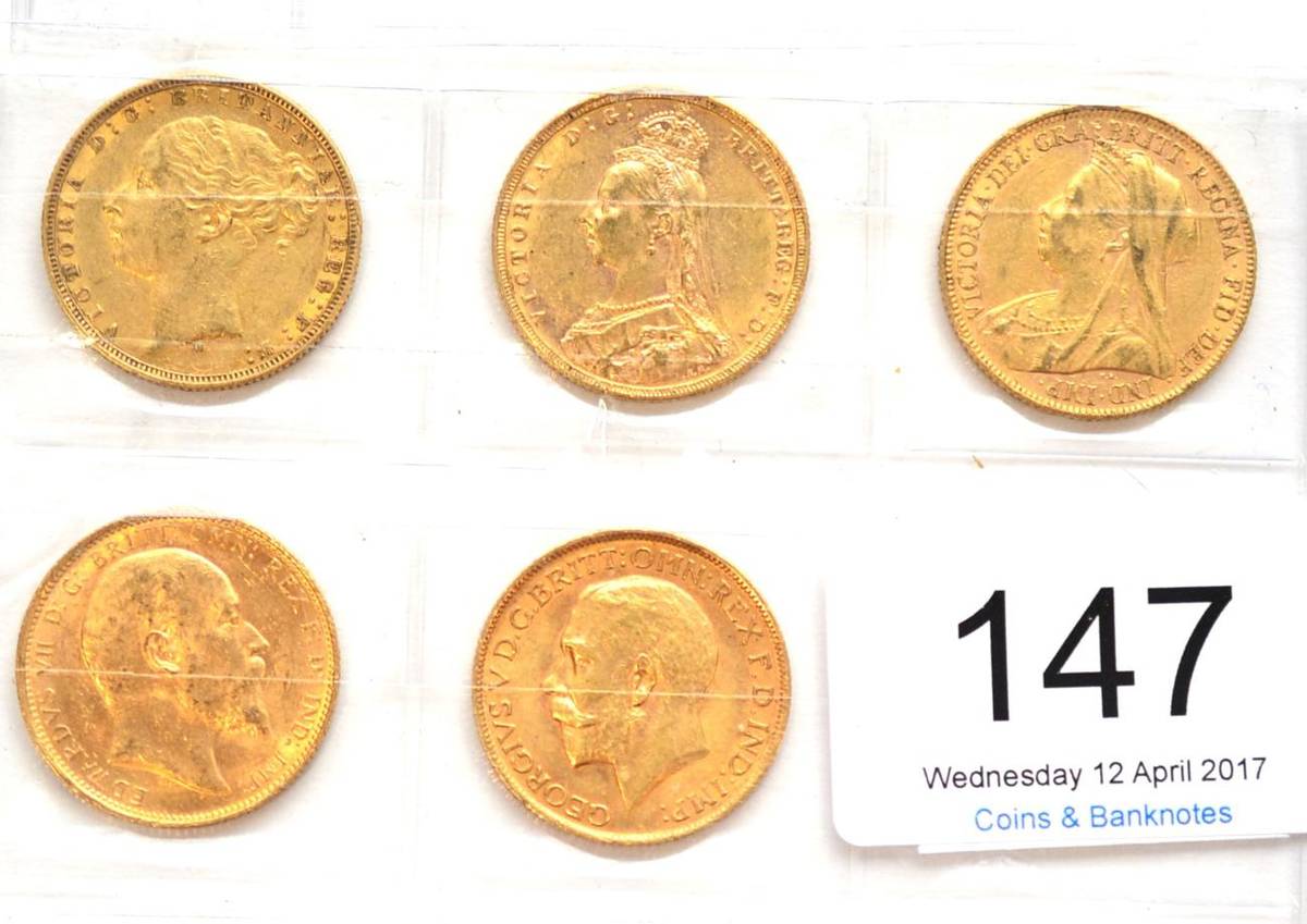 Lot 147 - 5 x Sovereigns comprising: 1874M, 1889M, 1899, 1907S & 1912, light contact marks AVF or+