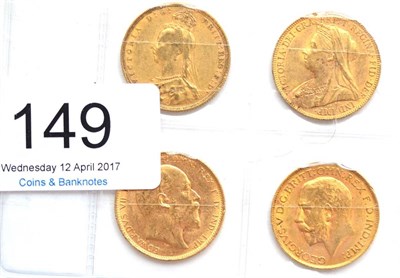 Lot 149 - 4 x Sovereigns comprising: 1890, 1900P, 1907M & 1912, contact marks, Fine (1890) or+