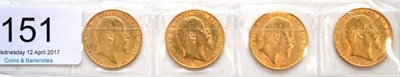 Lot 151 - Edward VII, 4 x Sovereigns comprising: 1904, 1906, 1908 & 1910P, AVF or+