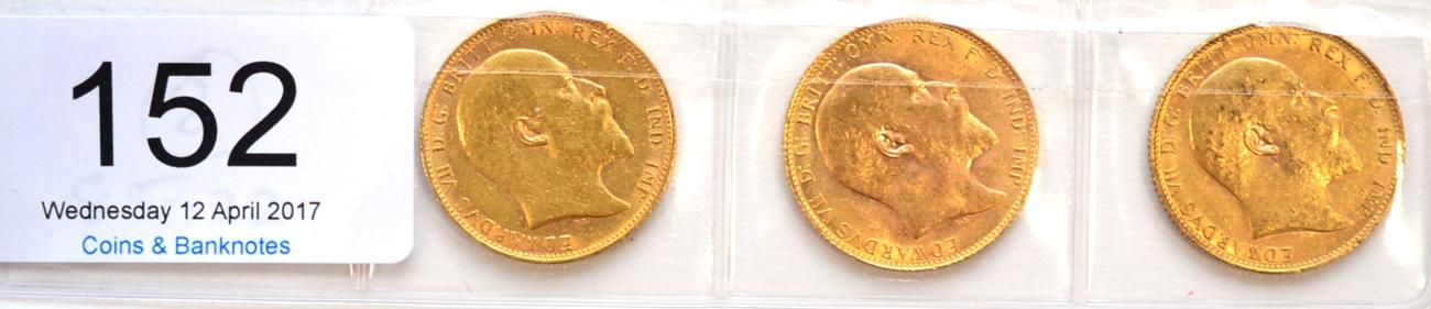 Lot 152 - Edward VII, 3 x Sovereigns comprising: 1903, 1907 & 1910, AVF to VF
