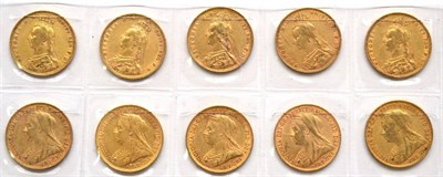 Lot 159 - Victoria, 10 x Sovereigns comprising: 1889, 1889M, 1890, 1891, 1892, 1893, 1894S, 1895M, 1898 &...
