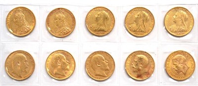 Lot 160 - 10 x Sovereigns comprising: 1889M, 1891M, 1893, 1895S, 1900M, 1906, 1907, 1908, 1912 & 1932SA,...