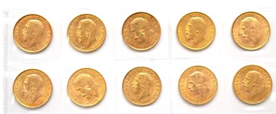 Lot 162 - George V, 10 x Sovereigns comprising: 1911, 1912M, 1913, 1918I, 1925, 1927SA, 1928P, 1929SA, 1931SA