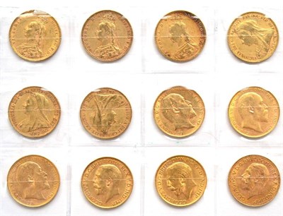 Lot 163 - 12 x Sovereigns comprising: 1889, 1889M, 1891, 1893, 1895, 1899, 1906M, 1907P, 1908M, 1911, 1918I &