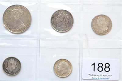 Lot 188 - 5 x Miscellaneous English Silver Coins comprising: 'Gothic' florin 1880 34 arcs, minor edge...