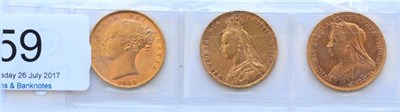 Lot 59 - Victoria, 3 x Sovereigns: 1885M 'shieldback,' contact marks GVF, 1887M JH contact marks GFine/AVF &