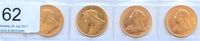 Lot 62 - Victoria, 4 x Old Head Sovereigns: 1894S, 1899M, 1900 & 1901M minor contact marks, all lustrous...