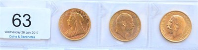 Lot 63 - 3 x Sovereigns: 1900M, 1902 & 1915, all with minor contact marks, lustrous GVF or+