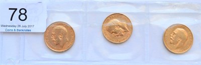 Lot 78 - George V, 3 x Sovereigns 1912(x2) minor contact marks AVF/VF & 1912P minor contact marks AFine/Fine