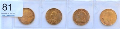 Lot 81 - 4 x Sovereigns: 1885s VF, 1892M contact marks, edge imperfections AVF, 1901M AVF & 1909 rim...