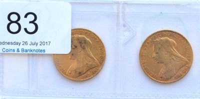 Lot 83 - Victoria, 2 x Sovereigns: 1899 & 1900 both with contact marks, edge imperfections, AFine to Fine