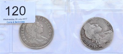 Lot 120 - William III, 2 x Halfcrowns comprising: 1701 D.TERTIO, first draped bust, modified large...