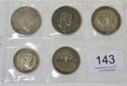 Lot 143 - German States, 5 x Silver Coins comprising: Wurttemberg 3 marks 1908F, 16.64g, .900 silver,...