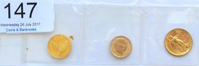 Lot 147 - 3 x Foreign Gold Coins comprising: China 5 yuan 1998, 1/20th oz (1.55g) .999 gold, obv. Temple...