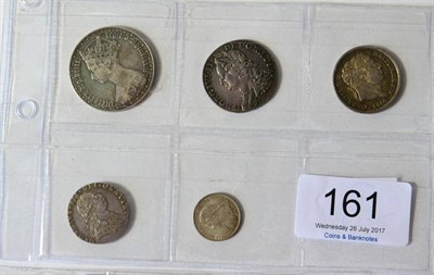 Lot 161 - 5 x English Silver Coins comprising: 'Gothic' florin 1883 obv contact marks, good edge, GFine or+