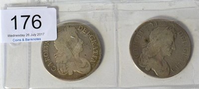 Lot 176 - Charles II, 2 x Crowns: 1673 V. QVINTO third draped bust, light contact marks/flecking, rev. centre