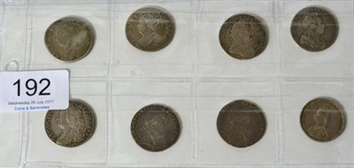 Lot 192 - 8 x Shillings comprising: 1707E third draped bust Fair/VG, 1711 fourth draped bust, plain in...