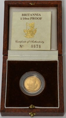 Lot 200 - Gold Proof Britannia £10 1989, 1/10oz fine gold, with cert, in CofI, FDC