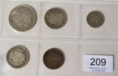 Lot 209 - USA, 4 x 19th Century Silver Coins comprising: dollar 1880 minor hairlines AVF, half dollar...