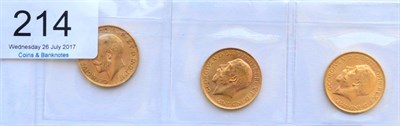 Lot 214 - George V, 3 x Sovereigns: 1911, 1913 & 1915 VF to GVF or+