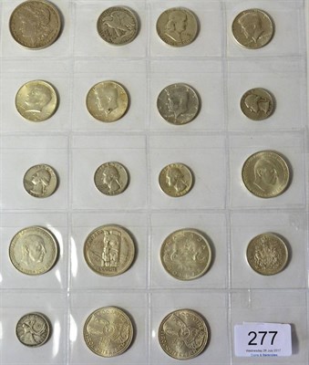 Lot 277 - 19 x Foreign Silver Coins comprising: USA: dollar 1903, 6 x half dollars: 1945D, 1952, 1964(x3)...