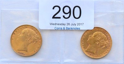 Lot 290 - Victoria, 2 x Sovereigns: 1872 die 58 'shieldback' minor contact marks, peripheral lustre...