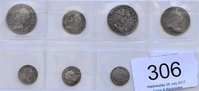 Lot 306 - 7 x Maundy Odds comprising: James II fourpence 1686 & twopence 1686 Fine, William & Mary...