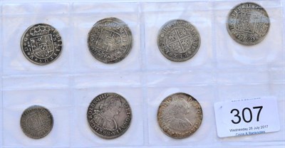 Lot 307 - Spain, 4 x 2 Reales comprising: 1717 J Madrid Mint, Philip V, 1718 JJ CA  Cuenca Mint, Philip V...