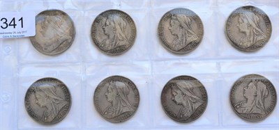 Lot 341 - Victoria, 8 x Old Head Crowns comprising: 1893 LVI minor contact marks, mottled tone GVF, 1893...