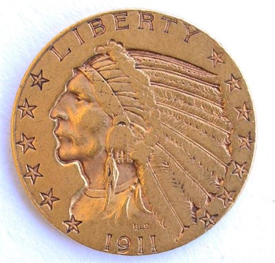 Lot 349 - USA Gold 5 Dollars 1911S 'Indian Head,'  8.32g, .900 gold, trivial surface marks, good edge, VF