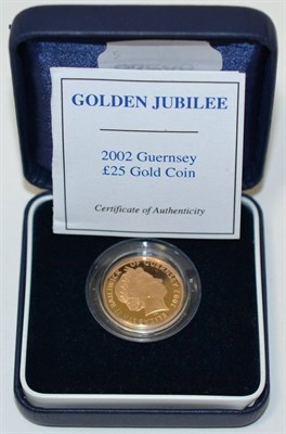 Lot 369 - Guernsey Gold Proof £25 2002 'Golden Jubilee,' 7.99g, 22ct gold; rev. Queen in State Coach...