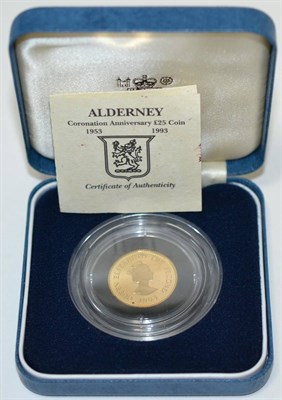 Lot 370 - Alderney Gold Proof £25 1993 '40th Anniversary of the Coronation,' 8.54g, 22ct gold; rev....