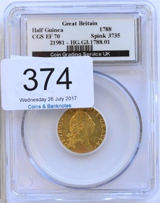 Lot 374 - George III Half Guinea 1788, 'spade' rev., slabbed EF 70 by CGS (Coin Grading Service) UK,...