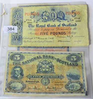 Lot 384 - Scotland, a Small Collection of Banknotes comprising: 2 x £5: (1) The Royal Bank of...