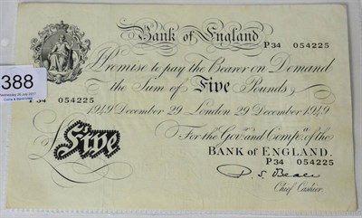 Lot 388 - Bank of England White £5, Beale, London 29 December 1949, wrinkles, corner folds & a small tear