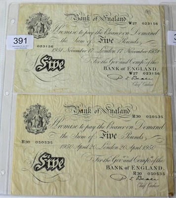 Lot 391 - Bank of England, 2 x White £5, both Beale: (1) London April 20 1950 (R30)a couple of small...