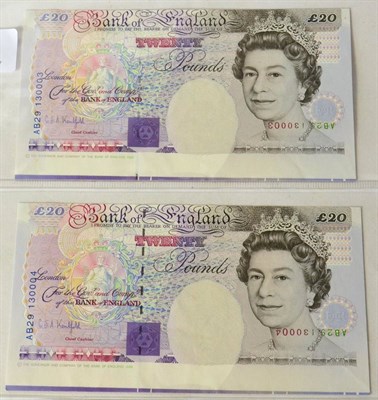 Lot 393 - Bank of England Error Notes: a consecutively numbered pair of £20 Kentfield Series 'E'...