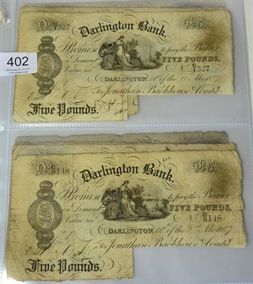 Lot 402 - 8 x 19th Century Provincial Banknotes comprising: Darlington Bank 4 x £5 all 1887, Durham Bank 2