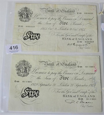 Lot 416 - Bank of England, 2 x White £5:  Peppiatt London Oct 9 1944, wrinkles, creases & rev....