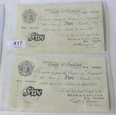 Lot 417 - Bank of England, 2 x White £5: Peppiatt London June 17 1947, wrinkles, creases & ingrained...