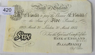 Lot 420 - Bank of England White £5, Harvey, London March 20 1923 175/D; cashier's mark below FIVE &...