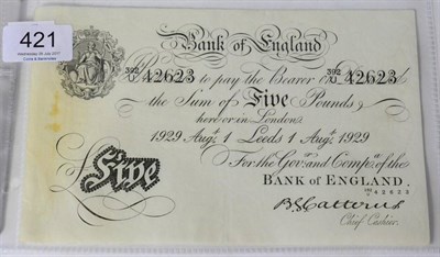 Lot 421 - Bank of England White £5, Catterns, Leeds 1 August 1929 392/U; wrinkles, faint corner folds...