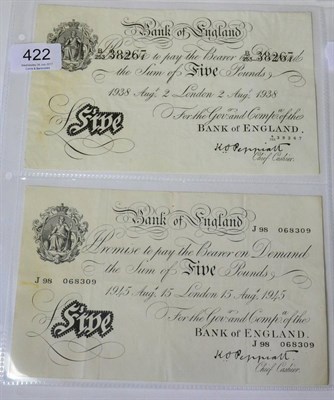 Lot 422 - Bank of England, 2 x White £5, Peppiatt, London 2 August 1938 B/253, wrinkles, faint corner...