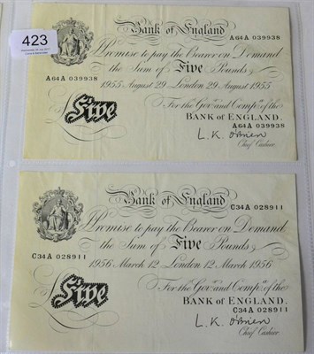 Lot 423 - Bank of England, 2 x White £5, O'Brien, London 29 August 1955 A64A, wrinkles, faint creases,...