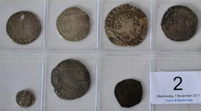 Lot 2 - 5 x English Hammered Silver Coins comprising: Philip & Mary groat MM lis; holed at 12 o'clock, bust