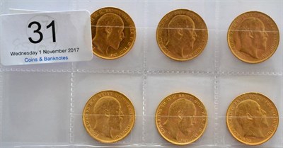 Lot 31 - Edward VII, 6 x Sovereigns: 1902M, 1903, 1904M, 1905S, 1906M & 1910S, generally lustrous VF or+