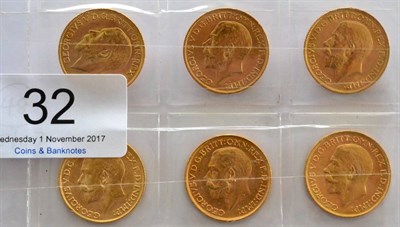 Lot 32 - George V, 6 x Sovereigns: 1911, 1912, 1913, 1914, 1915S & 1916S, lustrous VF to GVF or+