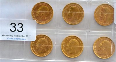 Lot 33 - George V, 6 x Sovereigns: 1911P, 1912P, 1913, 1915S, 1916S & 1918P, lustrous VF or+