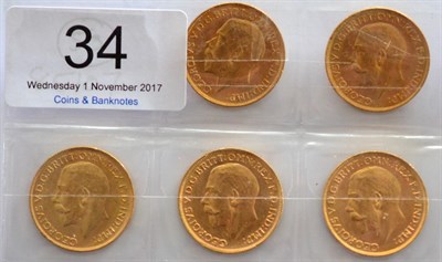 Lot 34 - George V, 5 x Sovereigns: all 1915S, lustrous GVF or+