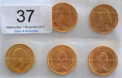 Lot 37 - 5 x Sovereigns: 1903M, 1910P Fine, 1927SA, 1974 & 1976, VF to ABU unless o/wise graded